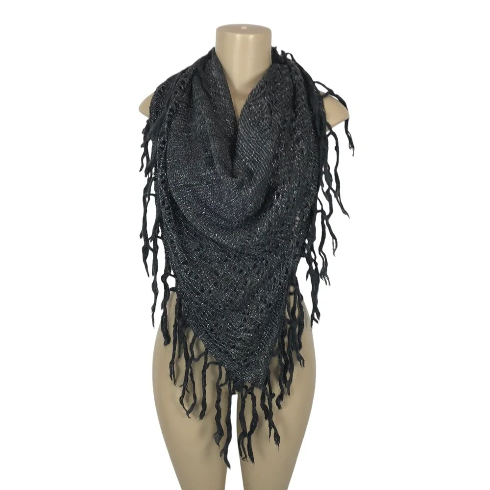 Sleeping on Snow Anthropologie Metallic Chunky Knit Fringe Square Scarf Shawl